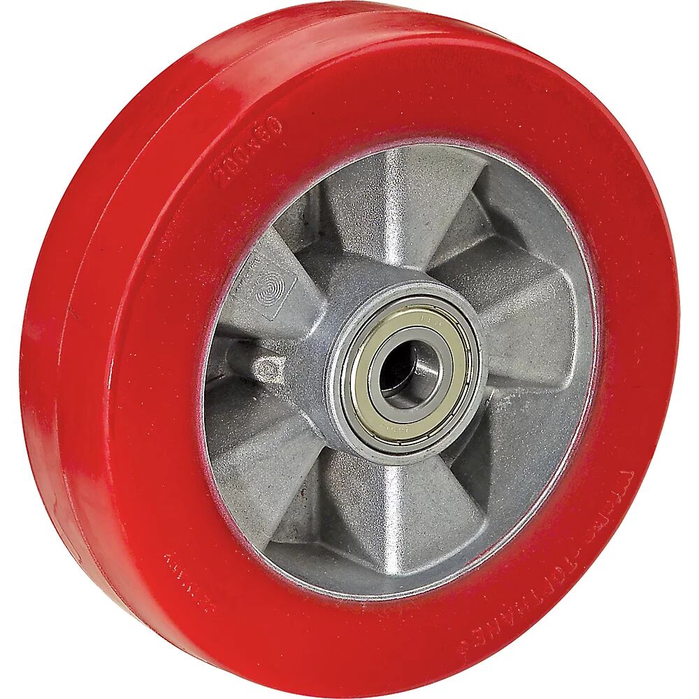 Wicke Cubierta de poliuretano en rojo, sobre llanta de aluminio, rodamiento de bolas, Ø x anchura de la rueda 200 x 50 mm