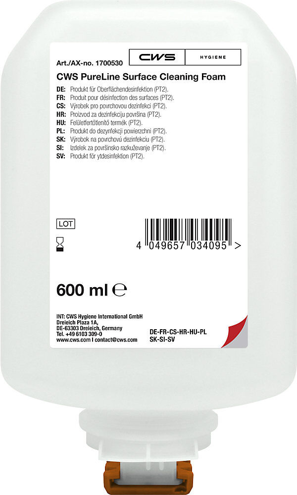 CWS Espuma desinfectante de superficies PureLine, UE 8 unidades de 600 ml, transparente