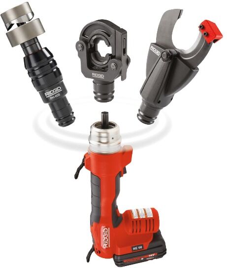 Ridgid RE 60 accu-hydraulische tool voor de elektro-installateur 18V 2.0Ah Li-Ion + snijkop, krimpkp en ponskop