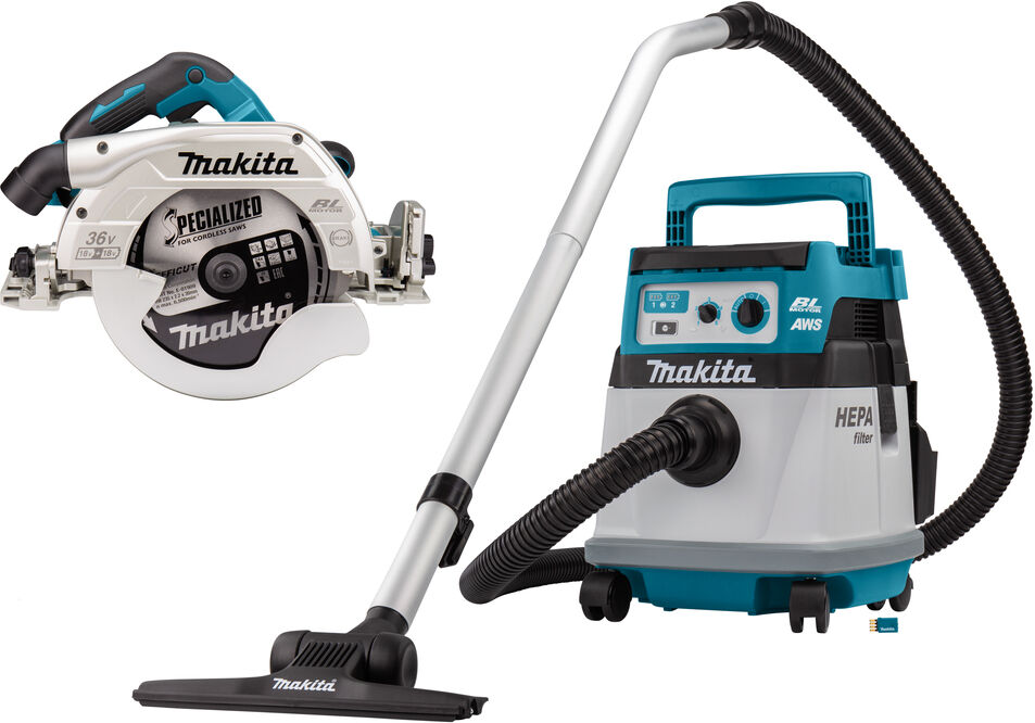 Makita DLX2383UX1 Combiset 2 x 18V met AWS - DHS900 cirkelzaag 235mm + DVC157L stofzuiger excl. accu's en lader