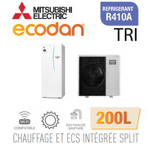 Mitsubishi Ecodan CHAUFFAGE SEUL SPLIT HYDROBOX DUO 200L R410a EHST20C-VM2D + PUHZ-SW100YAA triphasé