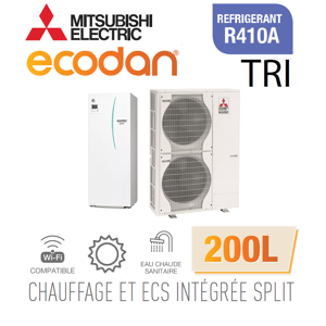 Mitsubishi Ecodan CHAUFFAGE SEUL SPLIT HYDROBOX DUO 200L R410a EHST20C-VM2D + PUHZ-SW120YHA triphasé