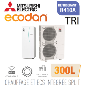 Mitsubishi Ecodan CHAUFFAGE SEUL SPLIT HYDROBOX DUO 300L R410a EHST30C-VM6ED + PUHZ-SW120YHA triphasé