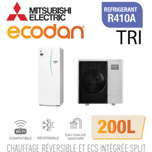 Mitsubishi Ecodan Réversible SPLIT HYDROBOX DUO 200L R410a ERST20C-VM2D + PUHZ-SW100YAA triphasé