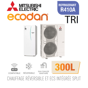 Mitsubishi Ecodan Réversible SPLIT HYDROBOX DUO 300L R410a ERST30C-VM2ED + PUHZ-SW120YHA triphasé