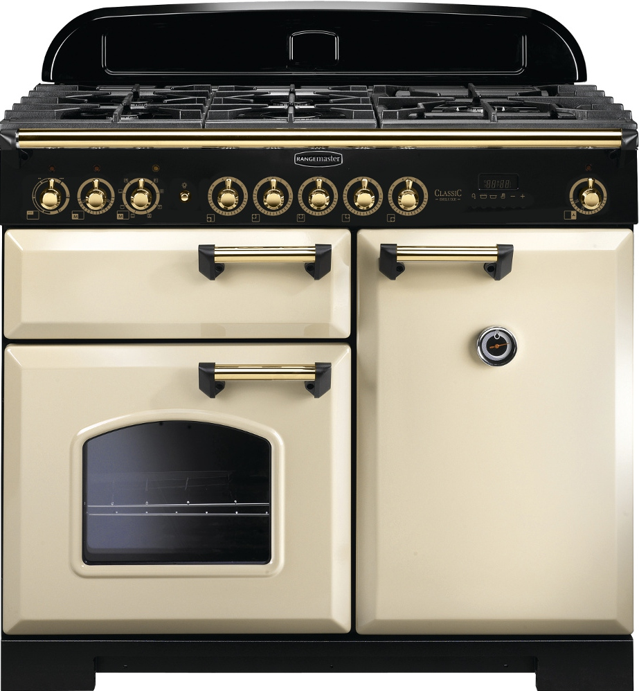 Rangemaster CDL100DFFCR/B Classic Deluxe 100 Dual Fuel Range Cooker, Cream/Brass