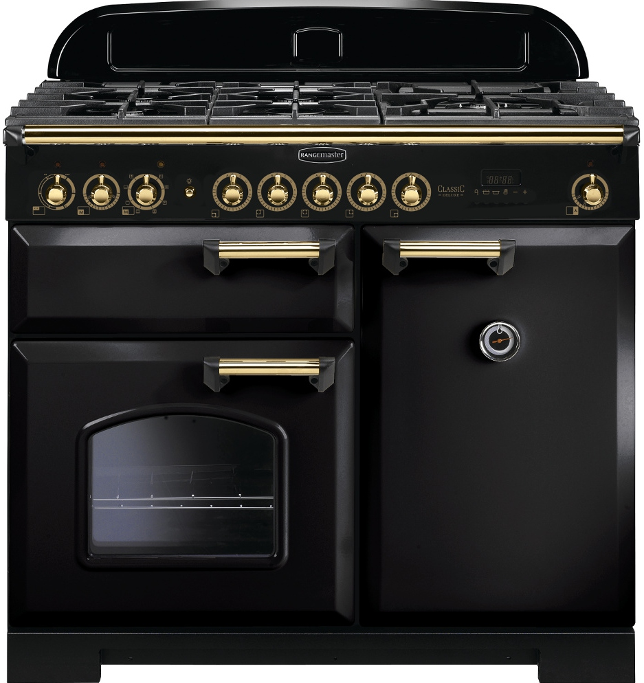 Rangemaster CDL100DFFBL/B Classic Deluxe 100 Dual Fuel Range Cooker, Black/Brass