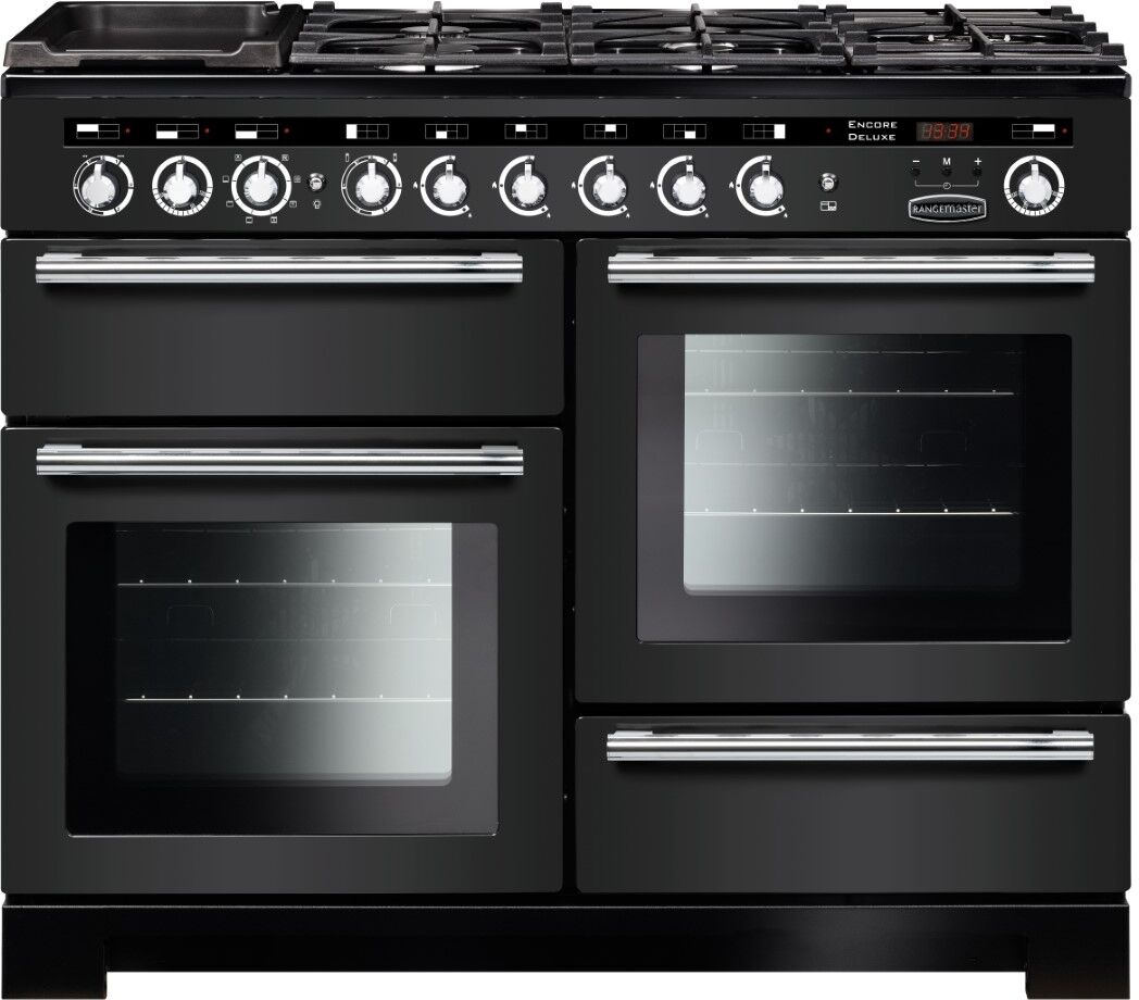 Rangemaster EDL110DFFCB/C Encore Deluxe 110cm Dual Fuel Range Cooker Charcoal Black/Chrome