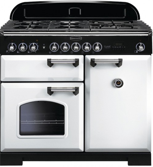 Rangemaster CDL100DFFWH/C Classic Deluxe 100 Dual Fuel Range Cooker, White Chrome