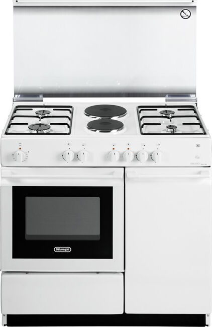 delonghi sew 8542 n cucina a gas 4 fuochi + 2 piastre forno elettrico con grill larghezza x profondità 86x50 cm con coperchio vano portabombola colore bianco - sew 8542 n linea smart