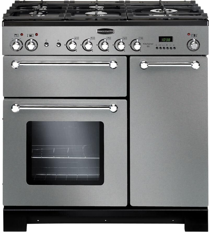 RANGEMASTER Kitchener 90 Dual Fuel Range Cooker - Stainless Steel & Chrome, Stainless Steel