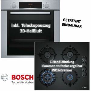 Bosch - herdset Backofen HBA3140S0 mit Teleskopauszug 3D Heißluft + Gas-Kochfeld POH6B6B10 - autark, 60 cm