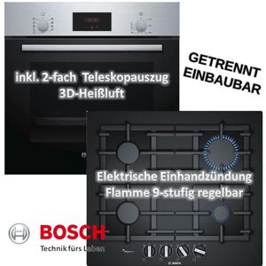 Bosch - herdset Backofen mit Gas-Kochfeld schwarzes Hartglas autark 60cm neu