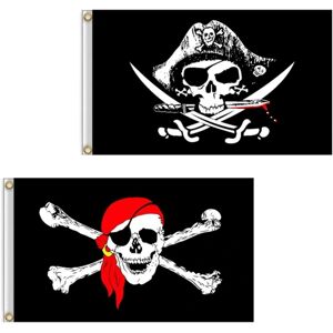 60 x 90 cm Sæt med 2 Piratflag Kranie (rødt tørklæde) og krydset Kn