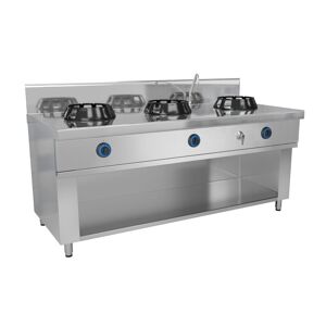 GGM Gastro - Cuisiniere wok a gaz - 42 kW - 3 zones de cuisson - incl. 1 mini colonne d'eau Argent
