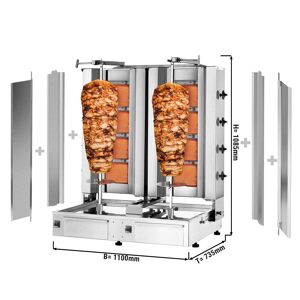 GGM Gastro - Grill gyros/döner a gaz - 4+4 bruleurs - max. 120 kg - incl. tôle de protection & Portes battantes