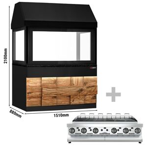 GGM Gastro - Grill a gaz TORONTO - 1500mm - Facade en bois - Plan de travail en granit noir - Verre anti-chaleur Noir / Marron