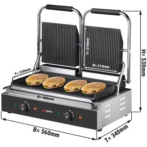 GGM Gastro - Grill de contact - 3,6 kW - rainure en haut et en bas - Surface de cuisson : 485x235mm Argent / Noir