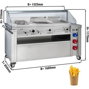 GGM GASTRO - Station de cuisson mobile - 1600x850mm - Hauteur : 1170mm - incl. Friteuse, Plaque à frire & Bain-Marie