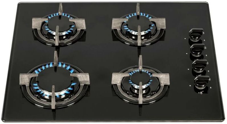 S.I.A Sia GHG602BL 60cm 4 Burner Gas On Glass Hob In Black With Cast Iron Pan Stands