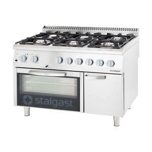 Stalgast Gasherd mit 6 Brennern (3,5+2x5+2x7+9), Elektro-Umluft-Backofen GN1/1 und Unterschrank, Serie 700 ND