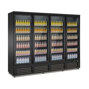 Kühlschrank KONDOR auf Räder   4x Glastür + LED   2000 Liter, HxBxT 205x250x70,5cm   0/+10°C   Schwarz + CHEFGASTRO Geschirrtuch