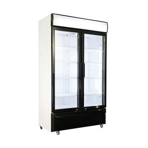 Kühlschrank STERLET auf Rollen   2x Glastür + LED & Display   780 Liter, HxBxT 210x112x59,5cm   +2/+10°C + CHEFGASTRO Geschirrtuch