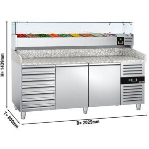 GGM Gastro - Table refrigeree pour pizzas ECO - 2000x800mm - avec 2 portes & 7 tiroirs - Vitrine refrigeree incluse - 10x GN 1/4 Argent