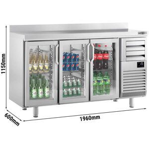 GGM Gastro - Table refrigeree pour bar et boissons PREMIUM PLUS - 1960x600mm - avec 3 portes vitrees, 2 tiroirs & rebord Argent