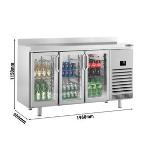 GGM Gastro - Table refrigeree pour bar et boissons Premium PLUS - 1960x600mm - avec 3 portes vitrees & rebord Argent