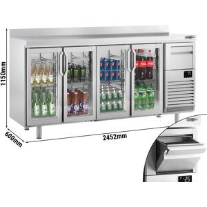 GGM Gastro - Table refrigeree pour bar & boissons PREMIUM PLUS - 2450x600mm - avec 4 portes vitrees, rebord & extracteur pour cafe Argent