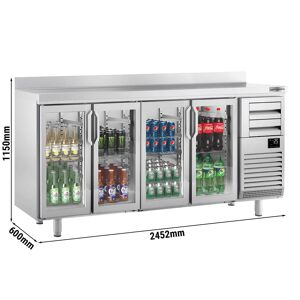 GGM Gastro - Table refrigeree pour bar et boissons PREMIUM PLUS - 2450x600mm - avec 4 portes vitrees, 2 tiroirs & rebord Argent