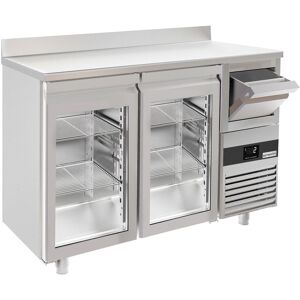 GGM Gastro - Table refrigeree pour bar & boissons PREMIUM - 1580x600mm - 2 portes vitrees, rebord & extracteur pour cafe Argent