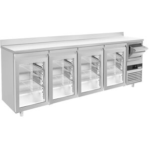 GGM Gastro - Table refrigeree pour bar & boissons PREMIUM - 2690x600mm - 4 portes vitrees, rebord & extracteur pour cafe Argent