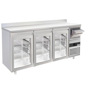 GGM Gastro - Table refrigeree pour bar & boissons PREMIUM - 2130x600mm - 3 portes vitrees, rebord & extracteur pour cafe Argent