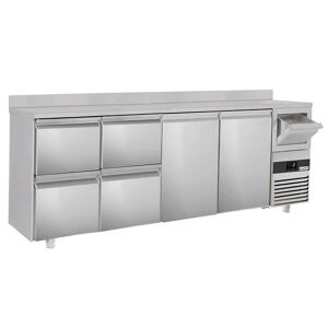 GGM Gastro - Table refrigeree pour bar & boissons PREMIUM - 2690x600mm - 2 portes, 4 tiroirs, rebord & extracteur pour cafe Argent