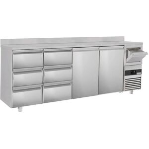 GGM Gastro - Table refrigeree pour bar & boissons PREMIUM - 2690x600mm - 2 portes, 6 tiroirs, rebord & extracteur pour cafe Argent