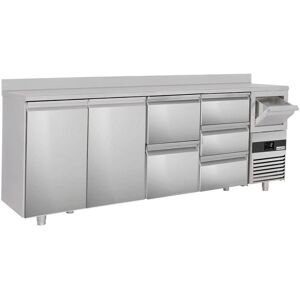 GGM Gastro - Table refrigeree pour bar & boissons PREMIUM - 2690x600mm - 2 portes, 5 tiroirs, rebord & extracteur pour cafe Argent