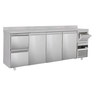GGM Gastro - Table refrigeree pour bar & boissons PREMIUM - 2690x600mm - 3 portes, 2 tiroirs, rebord & extracteur pour cafe Argent