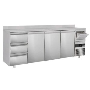 GGM Gastro - Table refrigeree pour bar & boissons PREMIUM - 2690x600mm - 3 portes, 3 tiroirs, rebord & extracteur pour cafe Argent