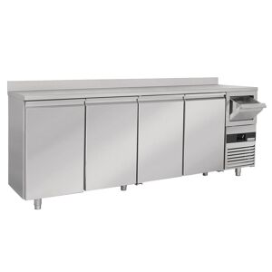 GGM Gastro - Table refrigeree pour bar et boissons PREMIUM - 2690x600mm - 4 portes, rebord & extracteur pour cafe Argent