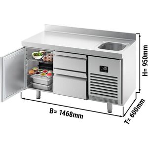 GGM Gastro - Table refrigeree PREMIUM PLUS - 1468x600mm - avec 1 bac, 1 porte, 2 tiroirs & rebord Argent