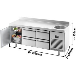 GGM Gastro - Table refrigeree PREMIUM PLUS - 1960x600mm - avec 1 bac, 1 porte, 4 tiroirs & rebord Argent