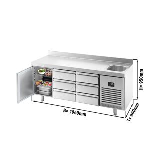 GGM Gastro - Table refrigeree PREMIUM PLUS - 1960x600mm - avec 1 bac, 1 porte, 6 tiroirs & rebord Argent