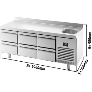 GGM Gastro - Table refrigeree PREMIUM PLUS - 1960x700mm - avec 1 bac, 6 tiroirs & rebord Argent