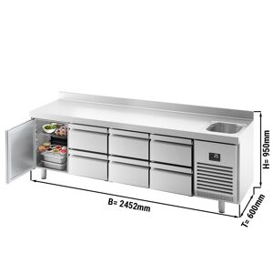 GGM Gastro - Table refrigeree PREMIUM PLUS - 2452x600mm - avec 1 bac, 1 porte, 6 tiroirs & rebord Argent