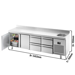 GGM Gastro - Table refrigeree PREMIUM PLUS - 2452x700mm - avec 1 bac, 2 portes, 4 tiroirs & rebord Argent