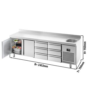 GGM Gastro - Table refrigeree PREMIUM PLUS - 2452x700mm - avec 1 bac, 2 portes, 6 tiroirs & rebord Argent