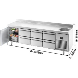 GGM Gastro - Table refrigeree PREMIUM PLUS - 2452x700mm - avec 1 bac, 1 porte, 6 tiroirs & rebord Argent