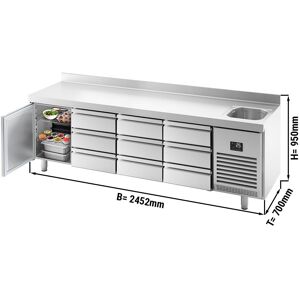 GGM Gastro - Table refrigeree PREMIUM PLUS - 2452x700mm - avec 1 bac, 1 porte, 9 tiroirs & rebord Argent